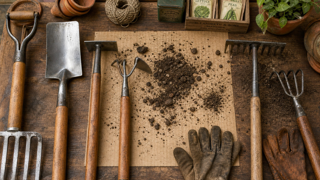 Outils de jardinage liste avec photos : bêche, grelinette, binette et serfouette