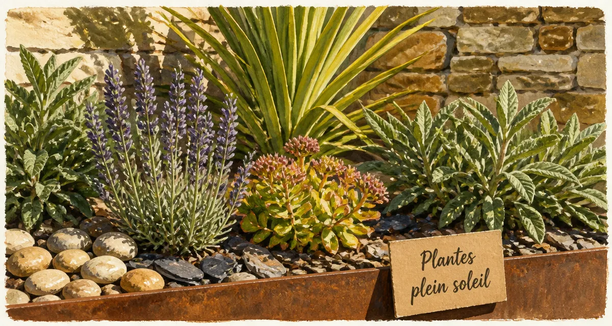 Plantes plein soleil sans arrosage : lavande et sedum en massif