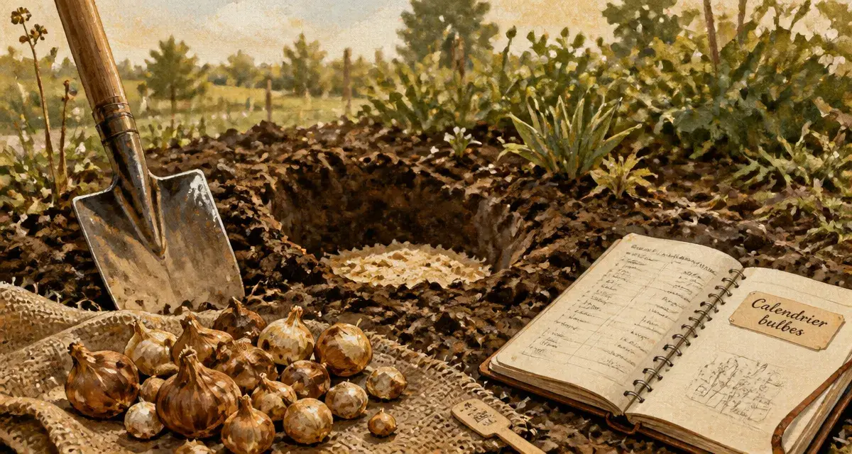 Quand planter bulbes : bulbes et bêche, trou et sable, règle des 3 profondeurs