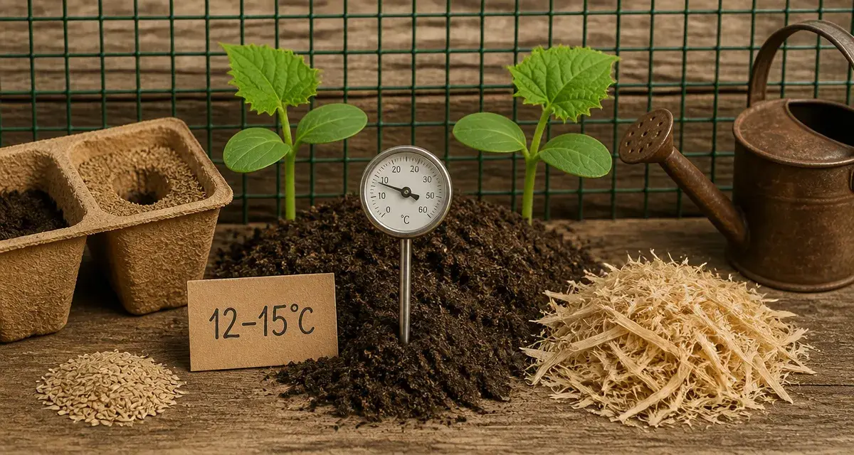 Quand planter concombre : thermomètre de sol et jeunes plants, calendrier 12–15°C