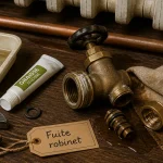robinet radiateur fuite : robinet en laiton, traces de calcaire et chiffon absorbant