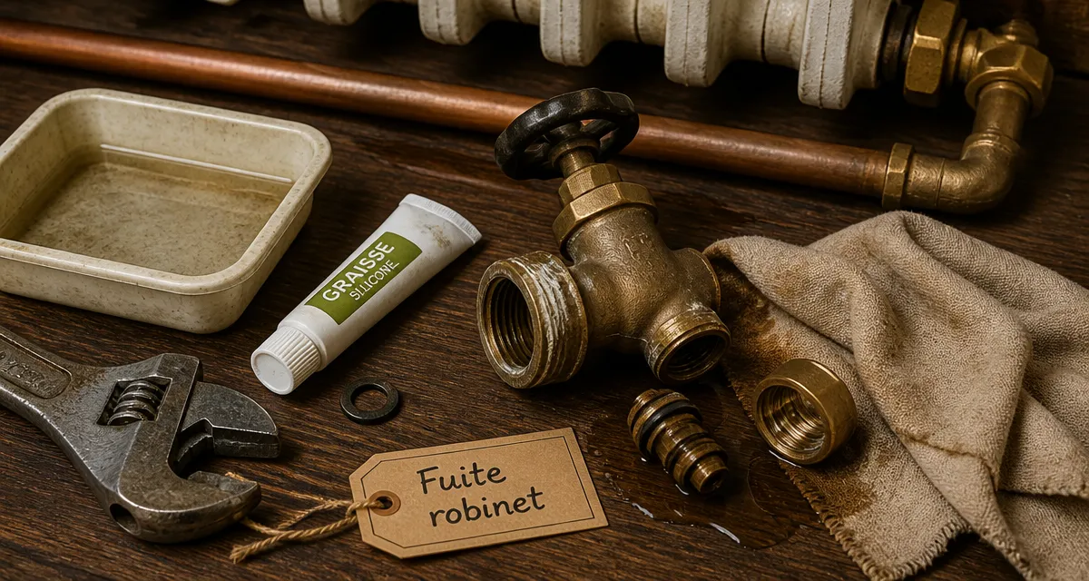 robinet radiateur fuite : robinet en laiton, traces de calcaire et chiffon absorbant