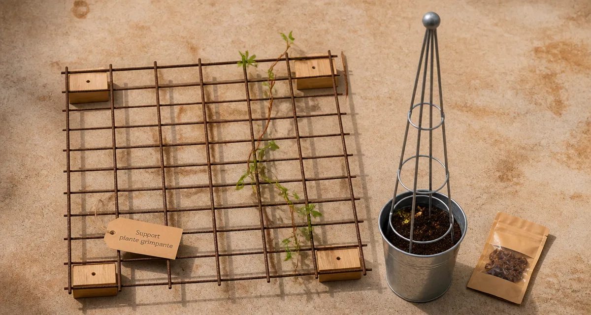 Support plante grimpante sur béton : treillis et clématite fixés