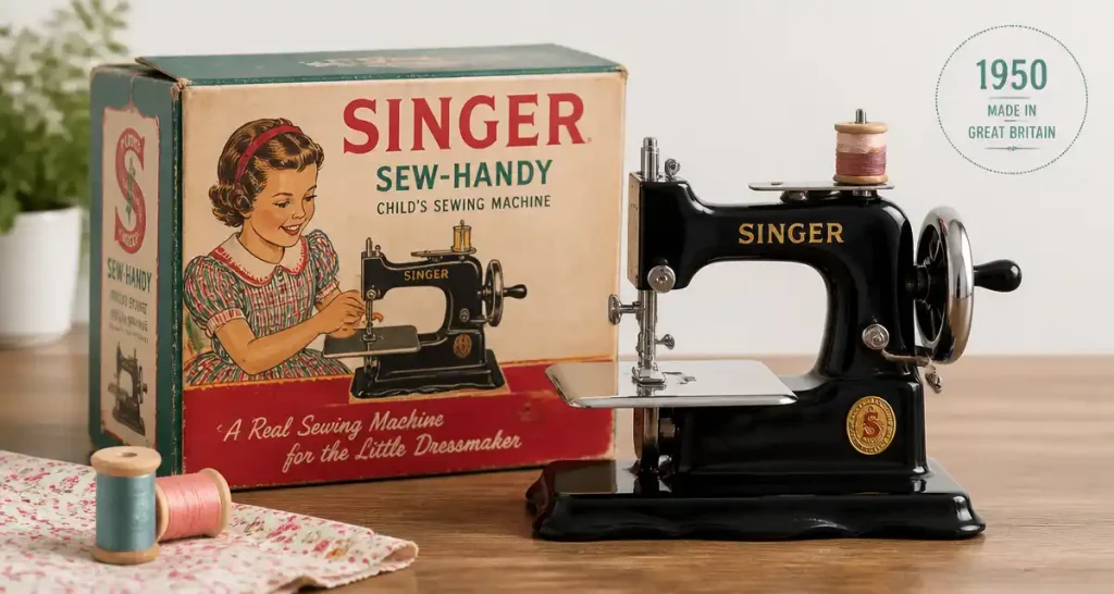 Machine à coudre SINGER vintage pour enfant dans sa boite d&rsquo;origine (1950)