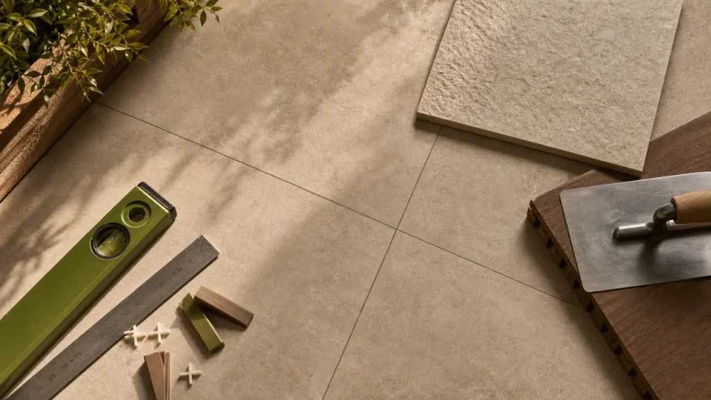 Carrelage terrasse moderne effet béton R11 sur plots, joints ton sur ton