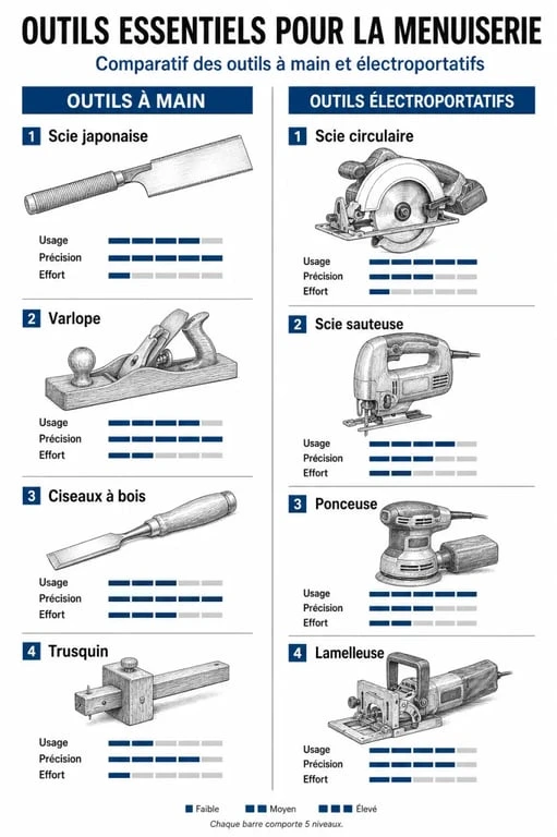 Infographie des outils pour menuisier indispensables : outils à main vs outils électroportatifs