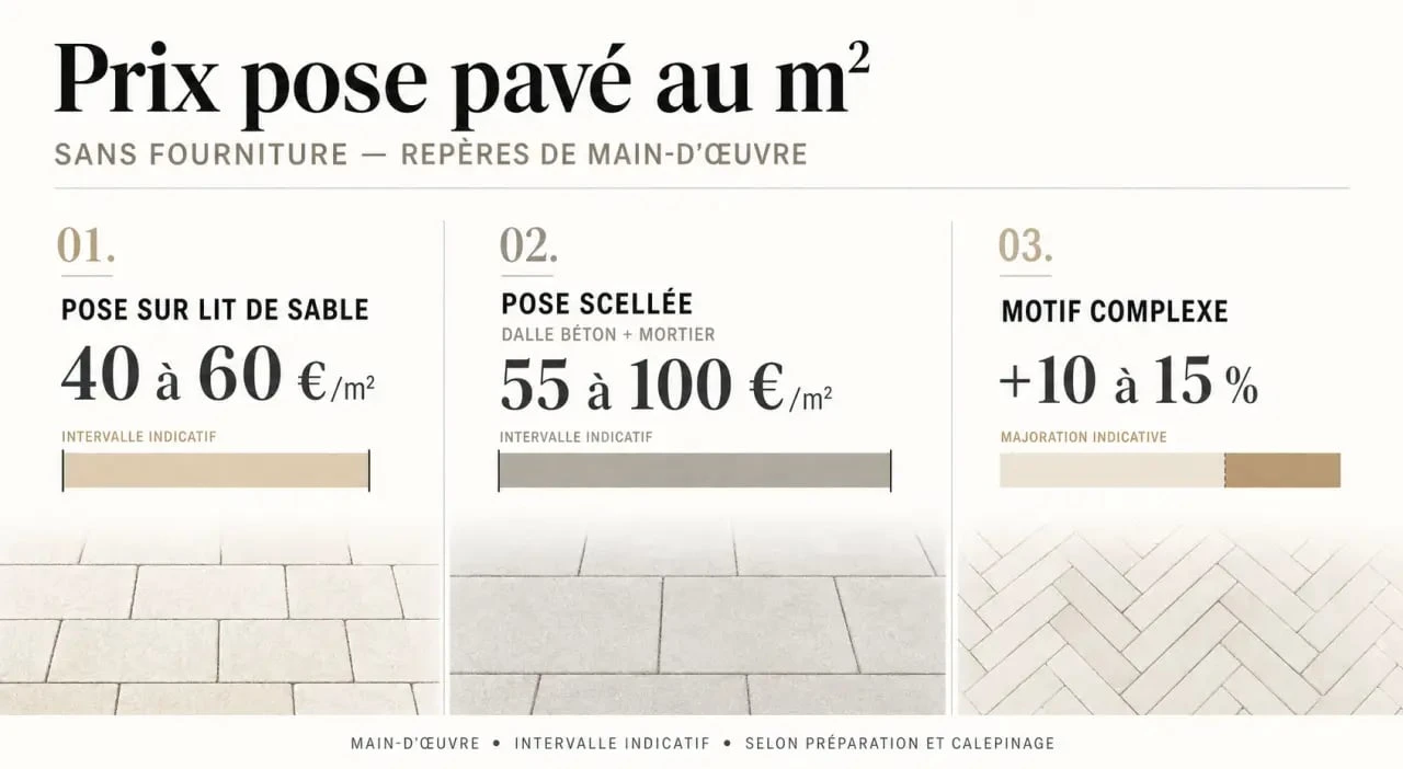 Comparatif du prix pose pavé m2 sans fourniture avec fourchettes de tarifs et méthodes de pose
