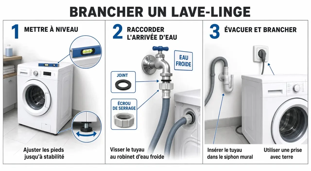 Lave linge branchement étape par étape : arrivée d’eau, évacuation et prise électrique