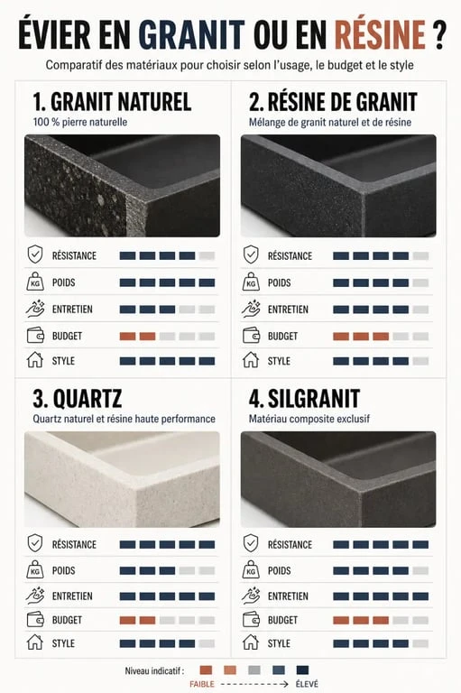 Infographie comparative sur évier en granit ou en résine : résistance, poids, entretien et budget