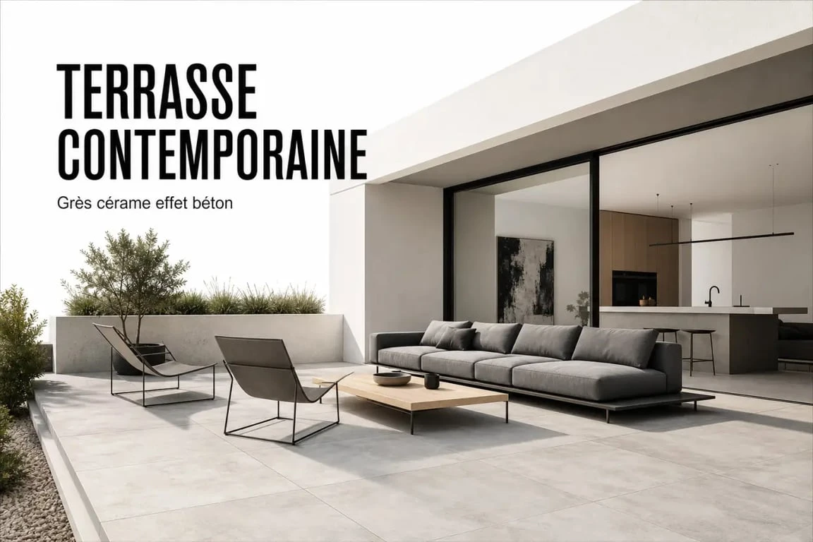 Carrelage terrasse moderne en grès cérame effet béton sur une terrasse contemporaine