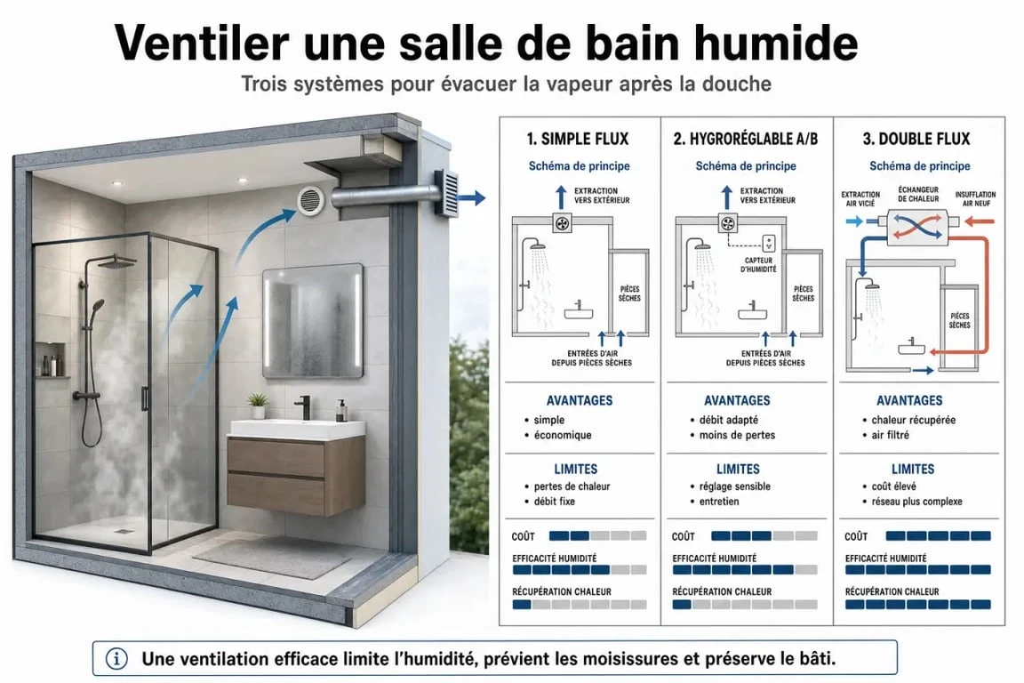 VMC pour salle de bain : illustration comparative des systèmes simple flux, hygroréglable et double flux