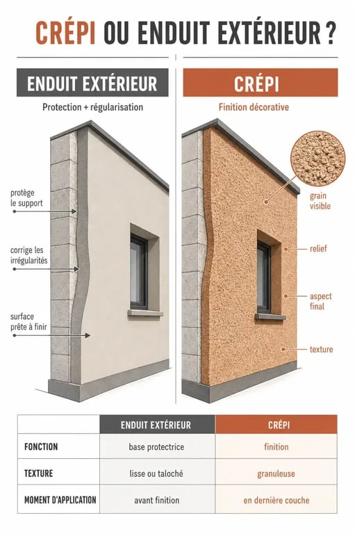 Comparaison visuelle crépi ou enduit extérieur pour façade