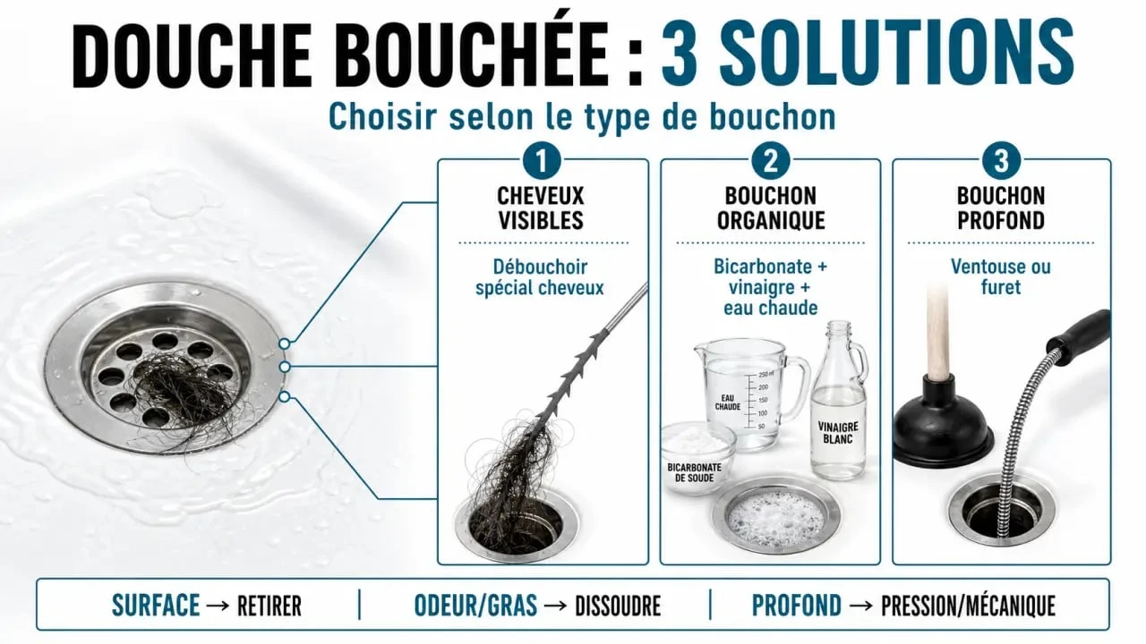 déboucher douche produit : schéma des solutions selon le type de bouchon