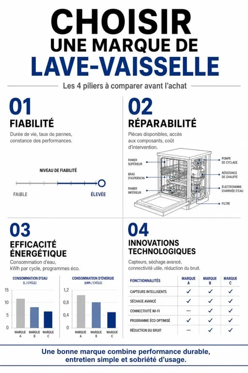 Infographie des critères de choix pour une marque de lave-vaisselle fiable et durable