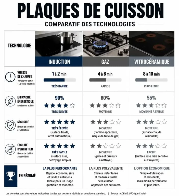 Comparatif des technologies de plaques de cuisson : induction, gaz et vitrocéramique pour choisir la meilleure plaque de cuisson.