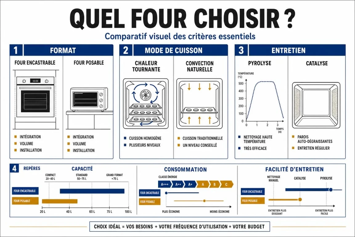 Infographie comparative pour savoir quel four choisir entre encastrable, posable, chaleur tournante, pyrolyse et catalyse