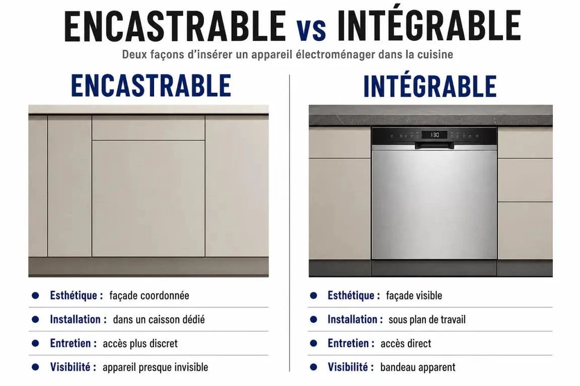 Différence entre encastrable et intégrable illustrée dans une cuisine avec comparaison visuelle des façades et de l’installation