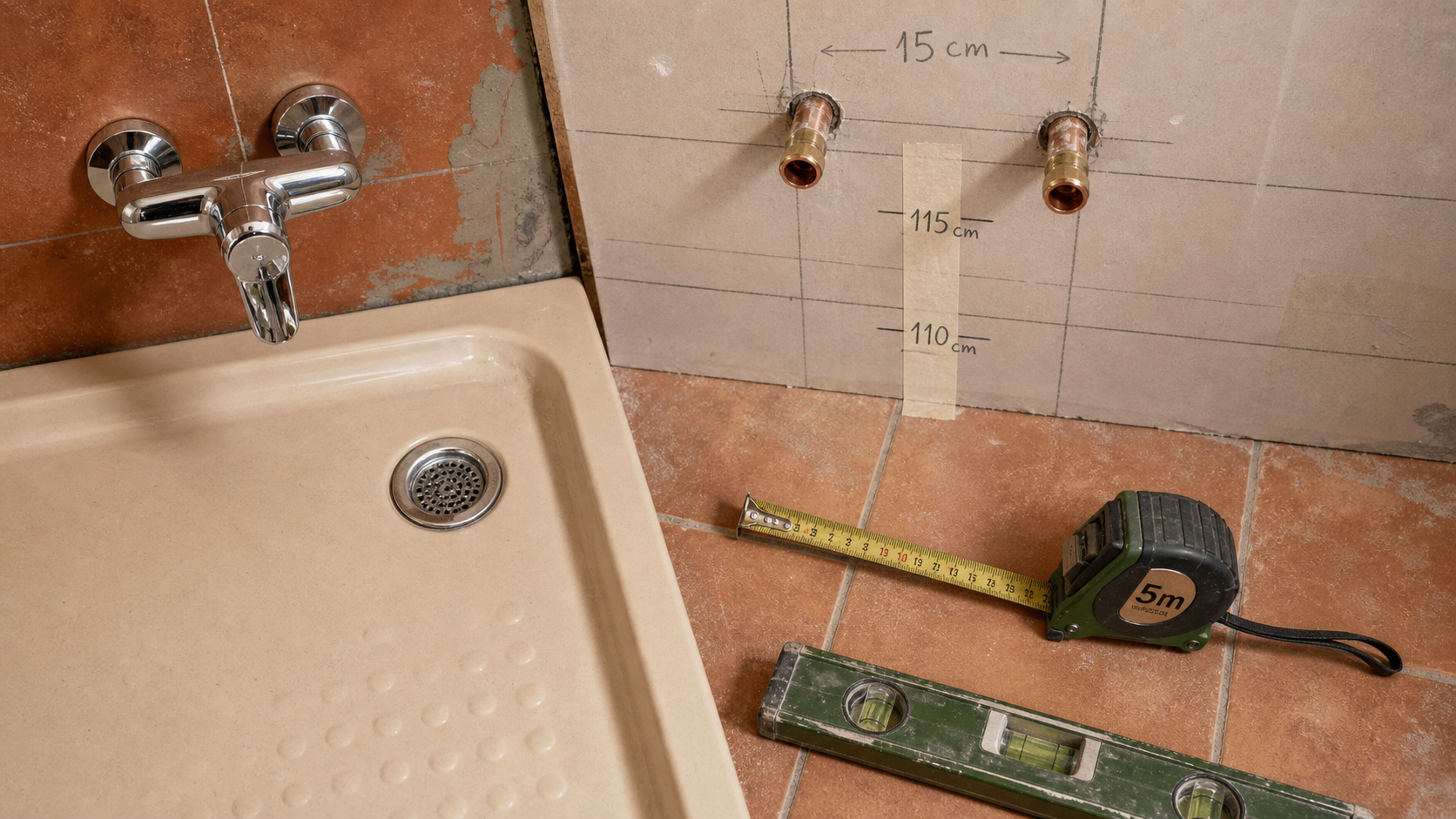 Hauteur mitigeur douche 110 cm, entraxe 15 cm, repères de pose