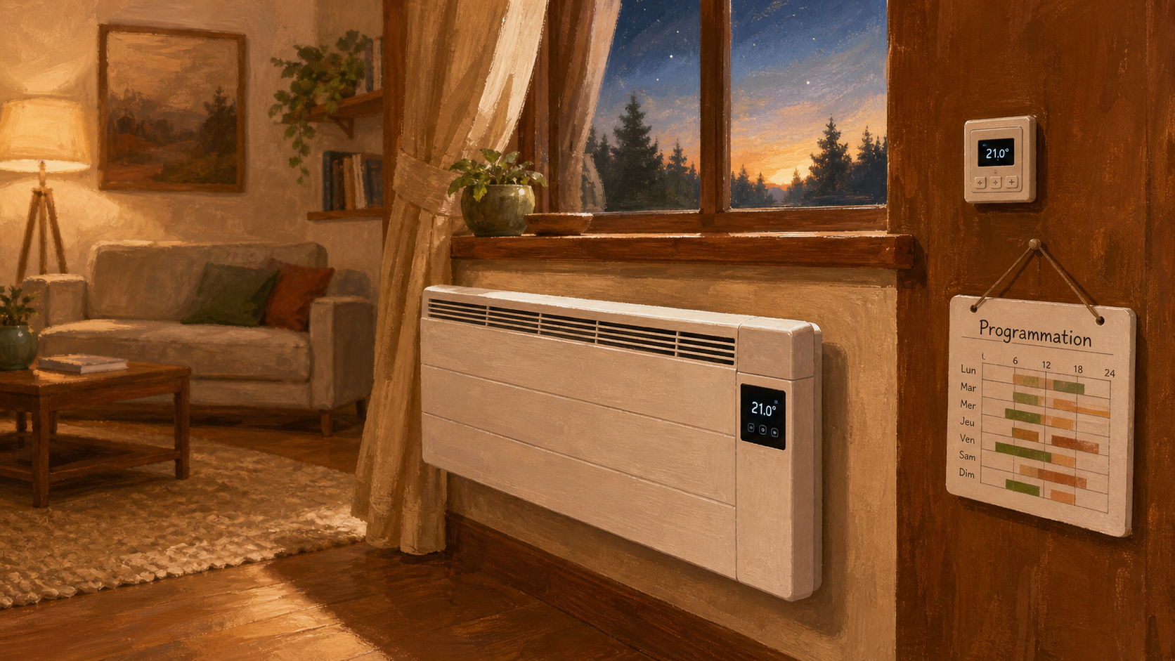 Meilleur radiateur electrique : radiateur moderne sous fenêtre, thermostat et programmation