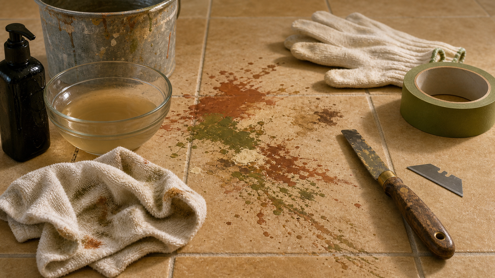 Nettoyer peinture sur carrelage : chiffon et eau tiède pour acrylique, glycéro ou époxy