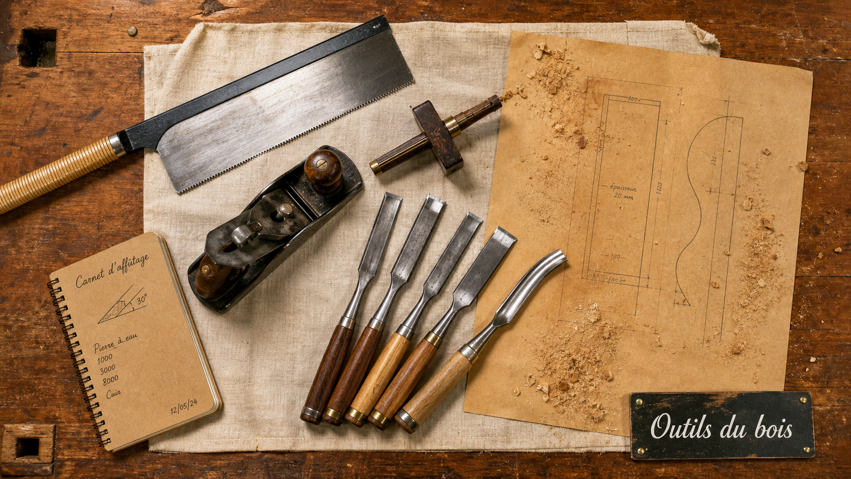 Outils pour menuisier : scie, varlope et ciseaux sur établi