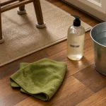Parquet flottant pour cuisine, lames bois claires et chiffon d’entretien