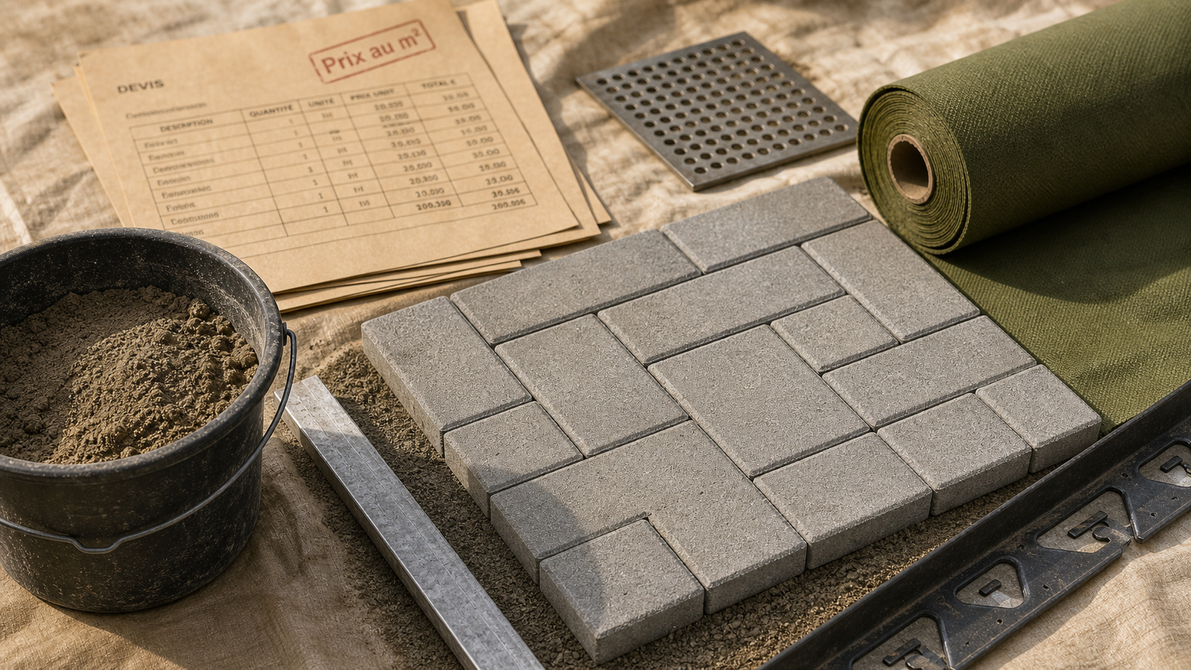 Pose pavé prix m2 : pavés autobloquants, sable et géotextile sur chantier