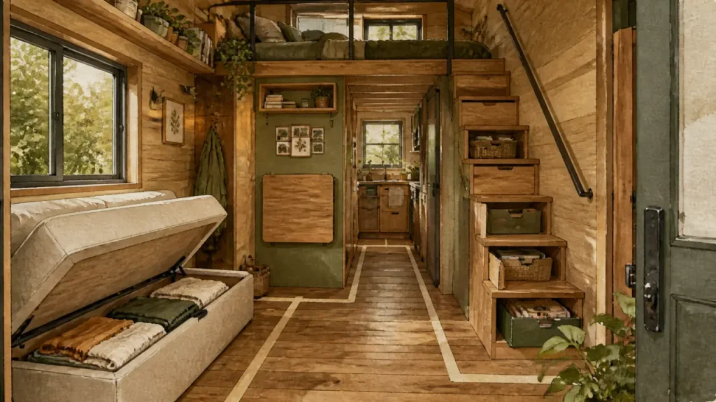 Tiny house : rangements cachés, mezzanine et mobilier escamotable pour gagner de la place