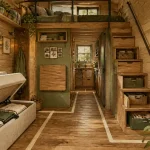 Aménagement tiny house avec rangements cachés, mezzanine et table escamotable