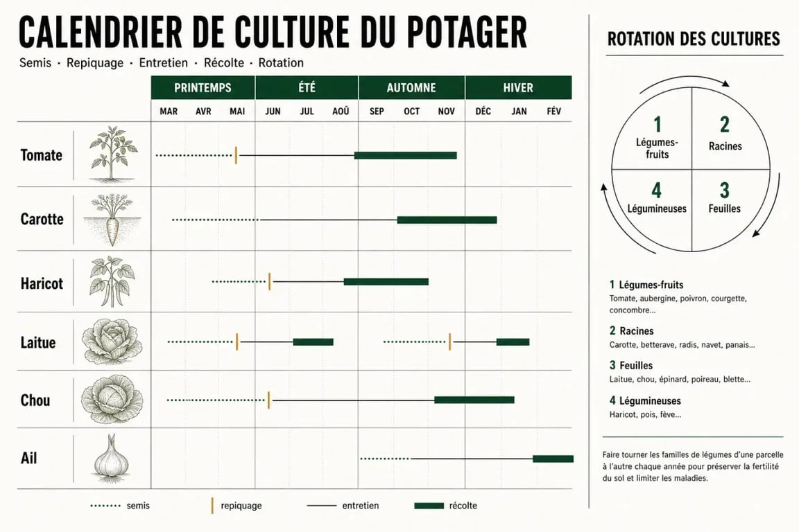 Potager plan avec calendrier des semis, récoltes et rotations sur la saison