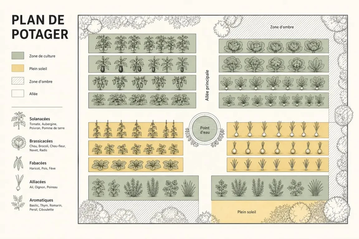 Potager plan vu de dessus avec planches, allées et zones de culture organisées