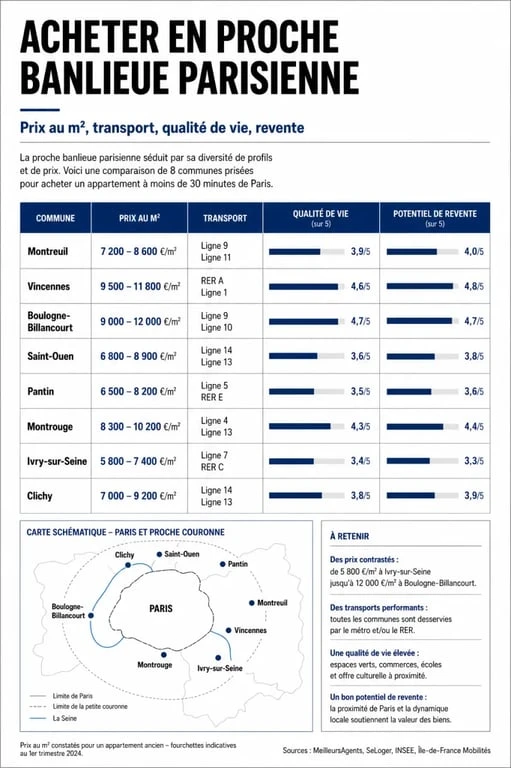 Acheter appartement banlieue proche Paris : infographie sur les villes, les prix au m² et l’accès aux transports