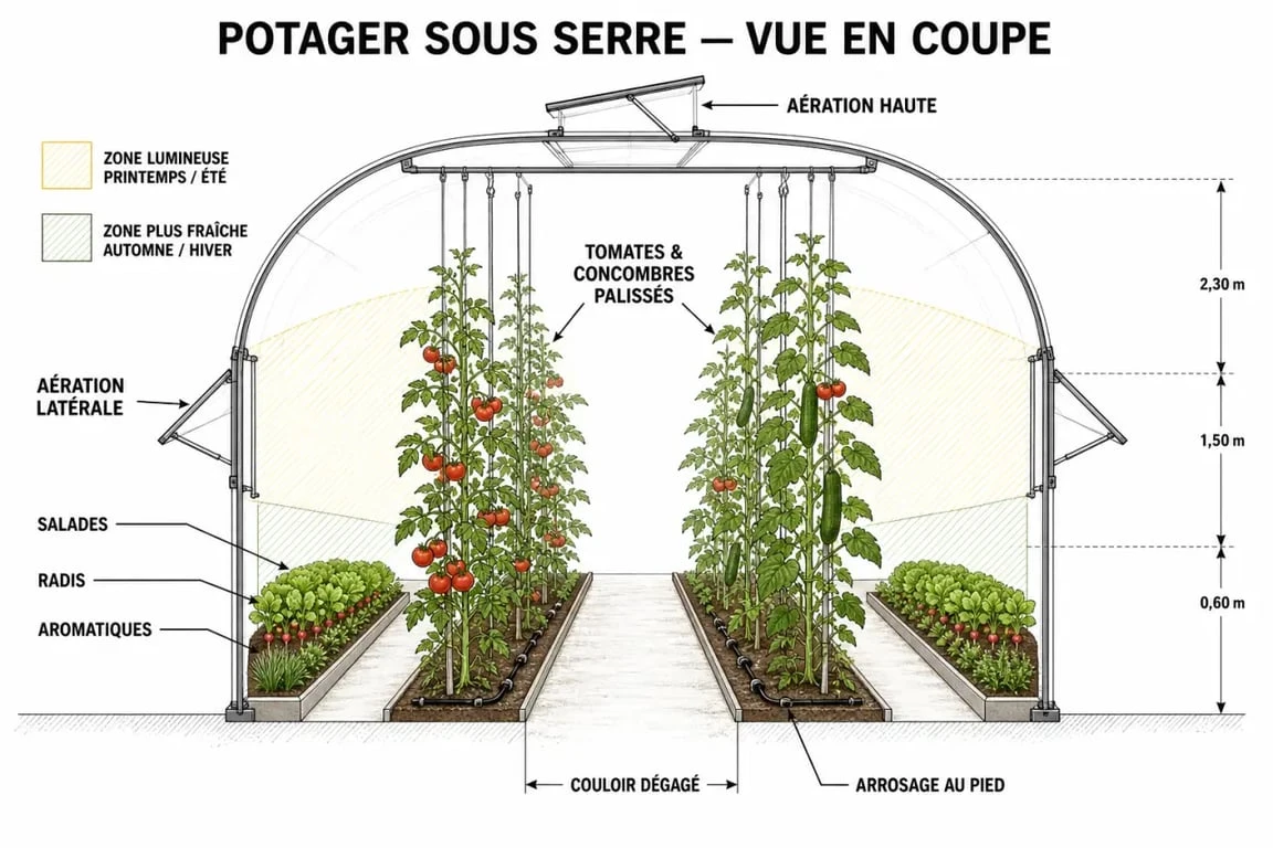 Potager serre : organisation des cultures, circulation de l’air et zones de lumière
