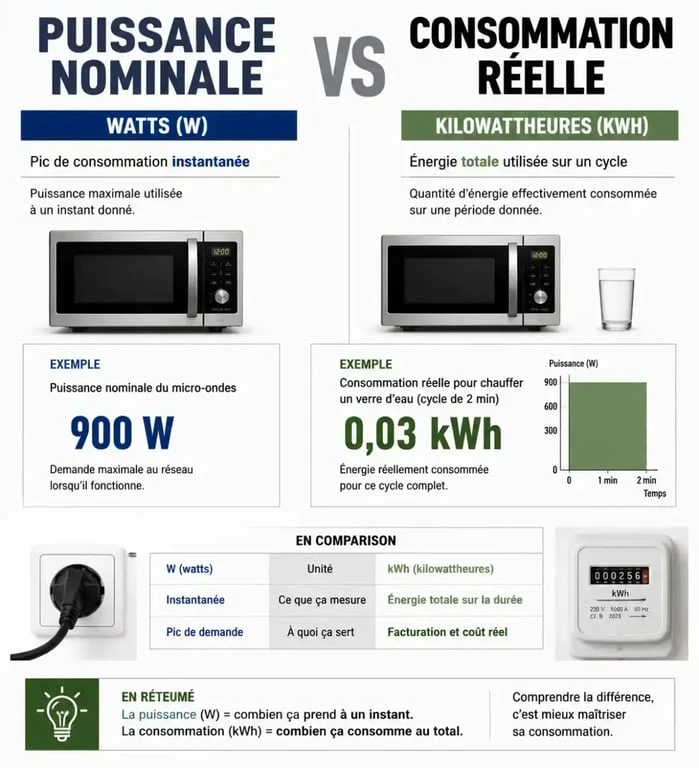 Différence entre puissance nominale en watts et consommation réelle en kWh d'un lave-linge