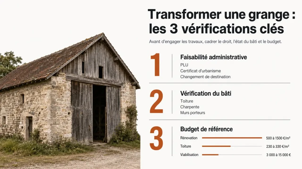 Renover une grange : visuel éditorial des vérifications clés, des démarches et des ordres de prix