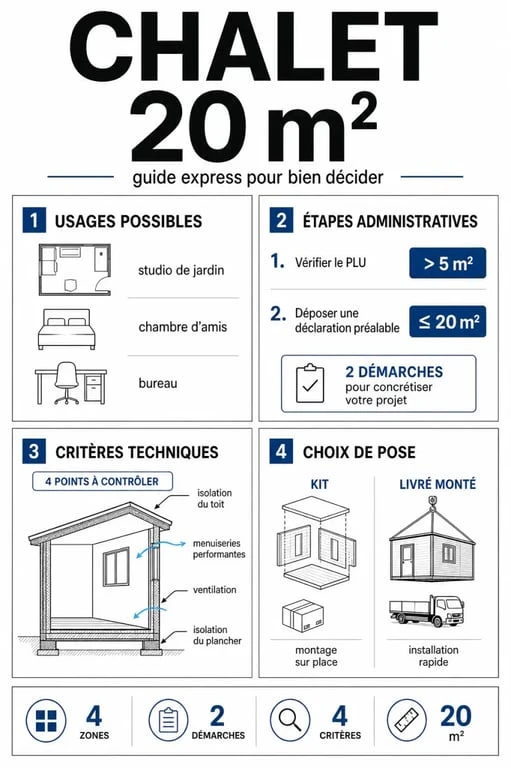Infographie chalet 20m2 sur les usages, la réglementation et l’isolation