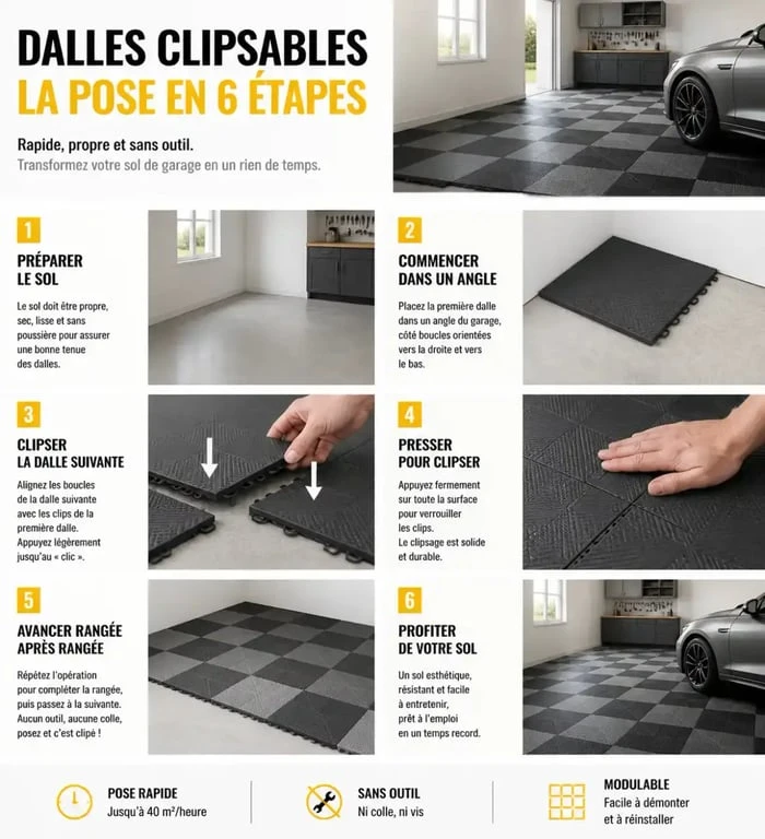 Pose de dalles clipsables pour revêtement sol pour garage