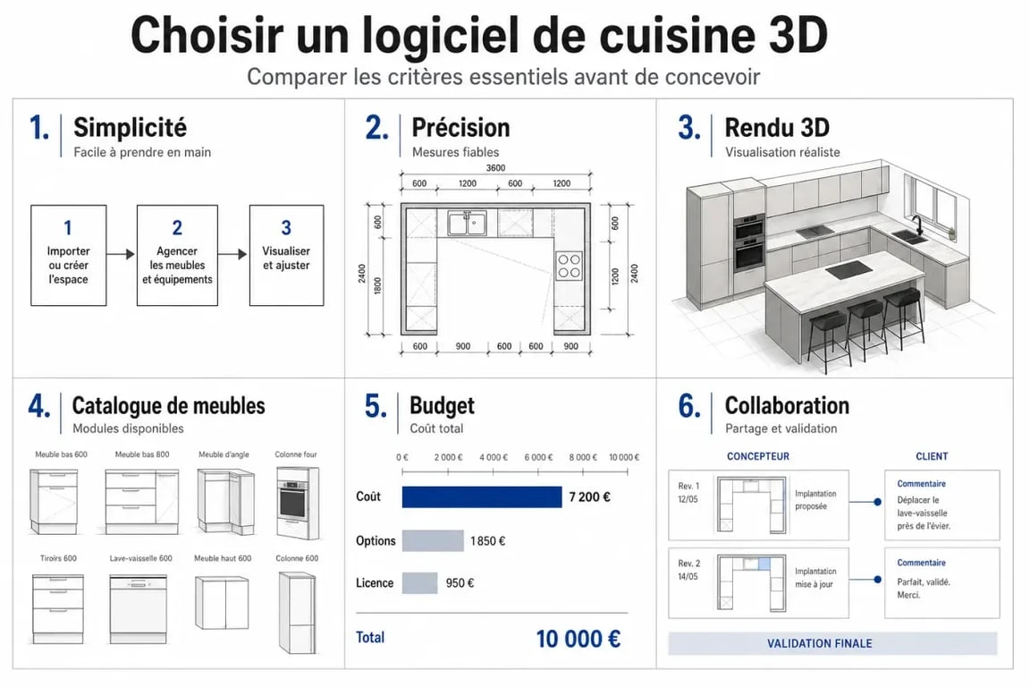 Logiciel conception cuisine : comparaison visuelle des critères de choix entre simplicité, précision, rendu 3D, budget et collaboration