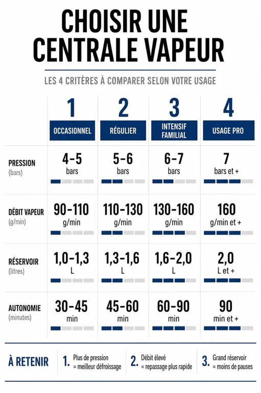 Comment choisir centrale vapeur : visuel comparatif des critères de choix selon l’usage
