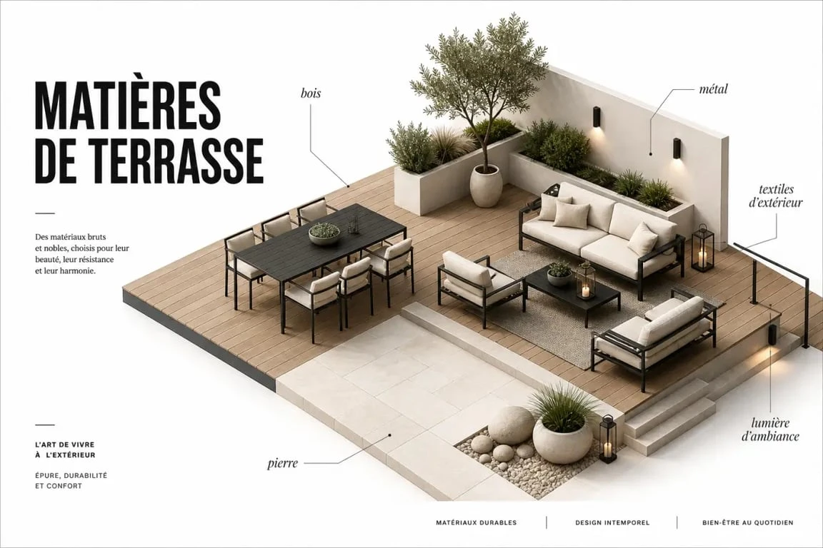 Déco pour terrasse : association de bois, pierre, métal et textiles pour une ambiance durable