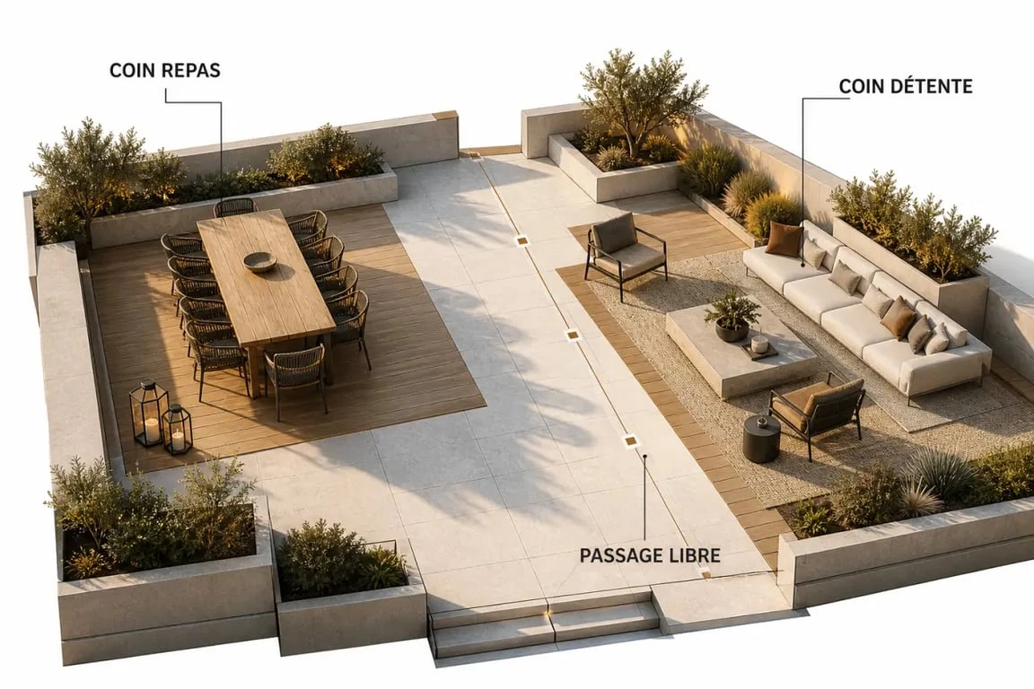 Déco pour terrasse : grande terrasse structurée en zones avec lanternes, jardinières et tapis d'extérieur