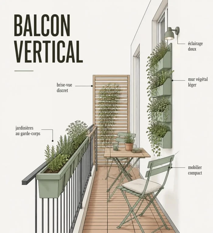 Déco pour terrasse : petite terrasse ou balcon décoré avec solutions verticales et éléments compacts