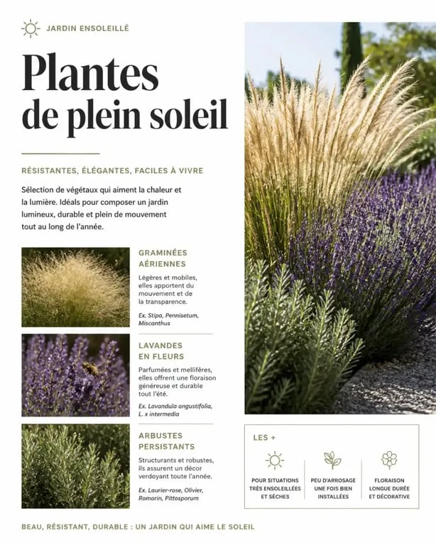 Sélection de plantes pour jardin en plein soleil : graminées, lavandes et arbustes