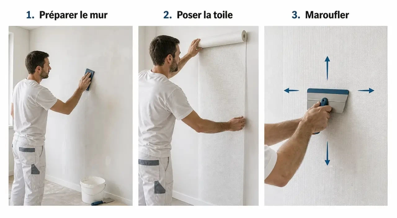 Pose toile de verre murale en trois étapes sur un mur intérieur préparé, avec marouflage et finition soignée