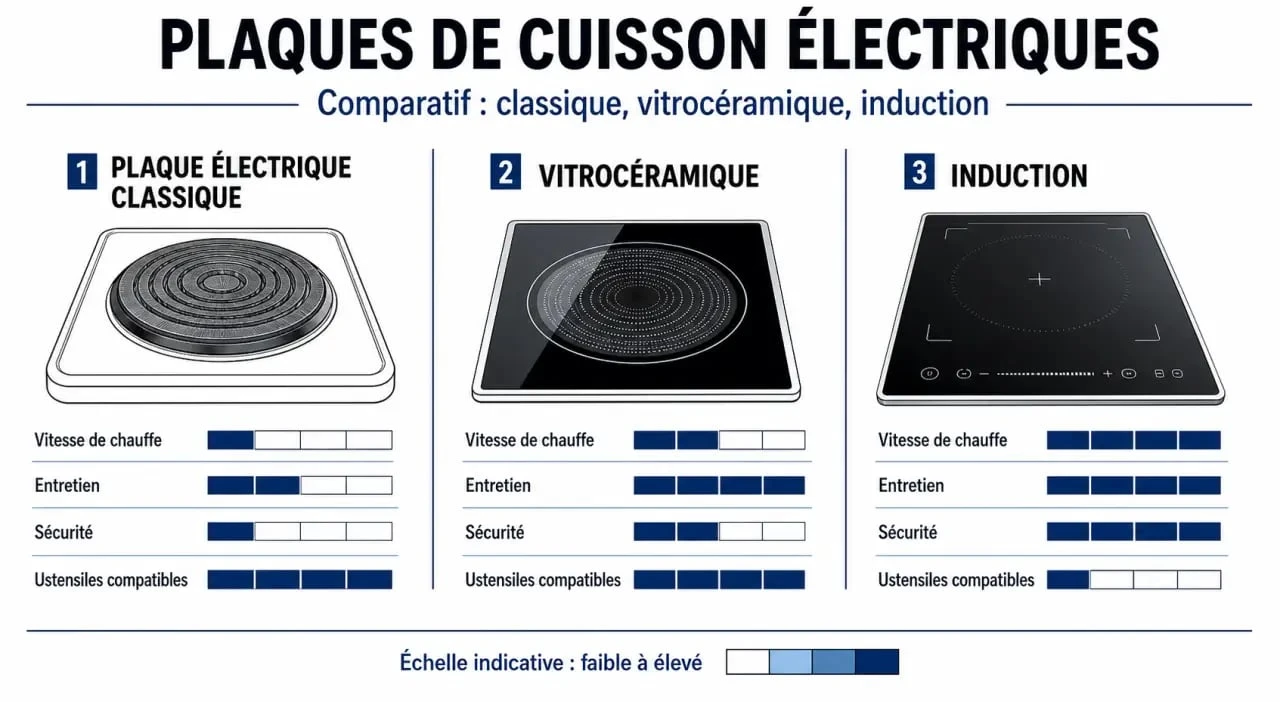 Plaque de cuisson électrique comparée en trois technologies : classique, vitrocéramique et induction