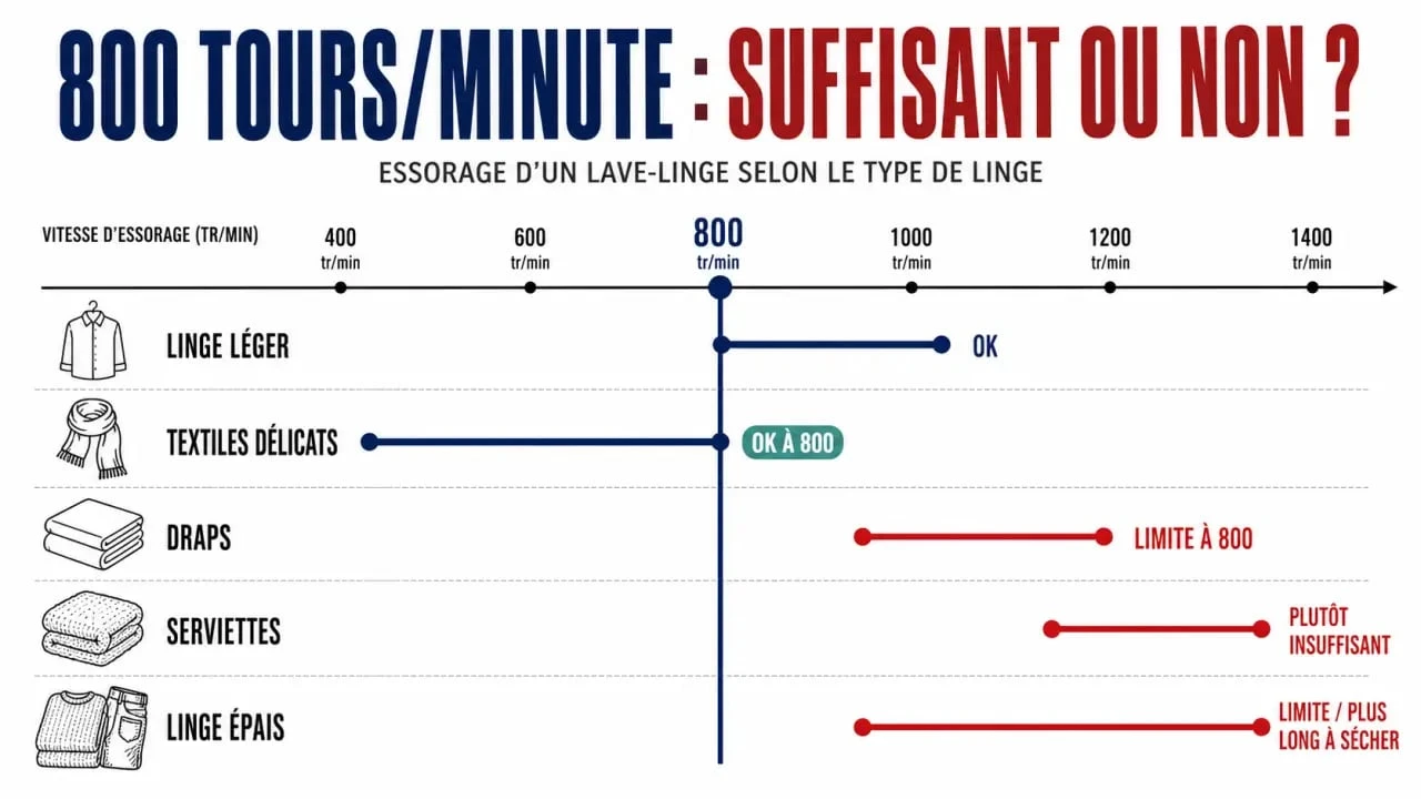 Essorage 800 tours suffisant : comparatif visuel des vitesses selon le type de linge