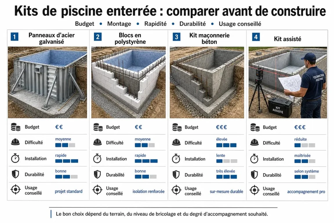 Comparatif du meilleur kit piscine enterrée selon le budget, la difficulté de montage et l’usage