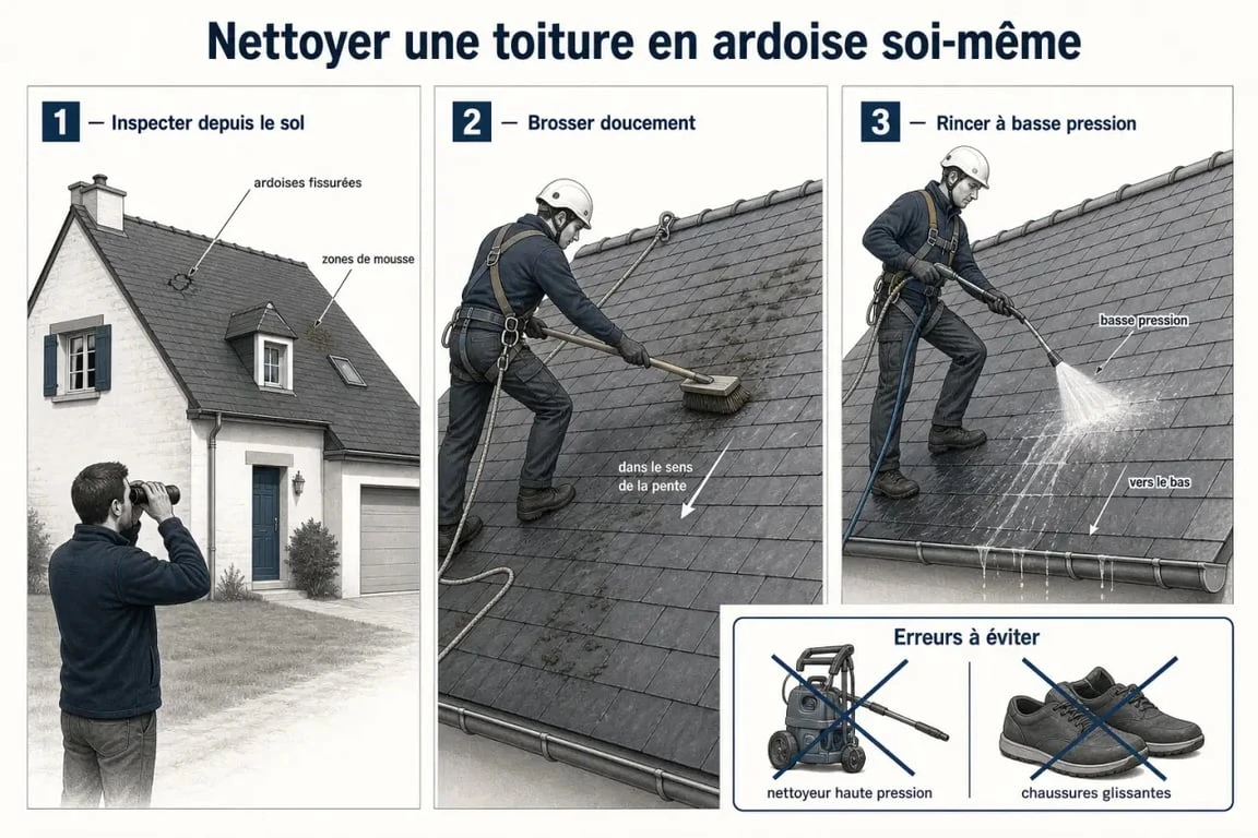 Nettoyer toiture ardoise soi-même avec inspection, brosse douce et basse pression