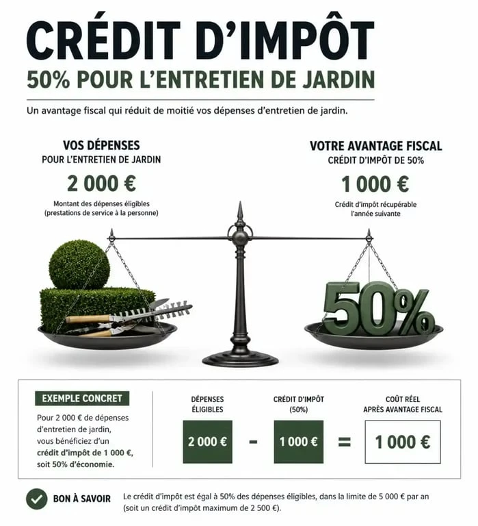 Infographie sur le fonctionnement du crédit d'impôt de 50% pour un contrat d'entretien de jardin annuel