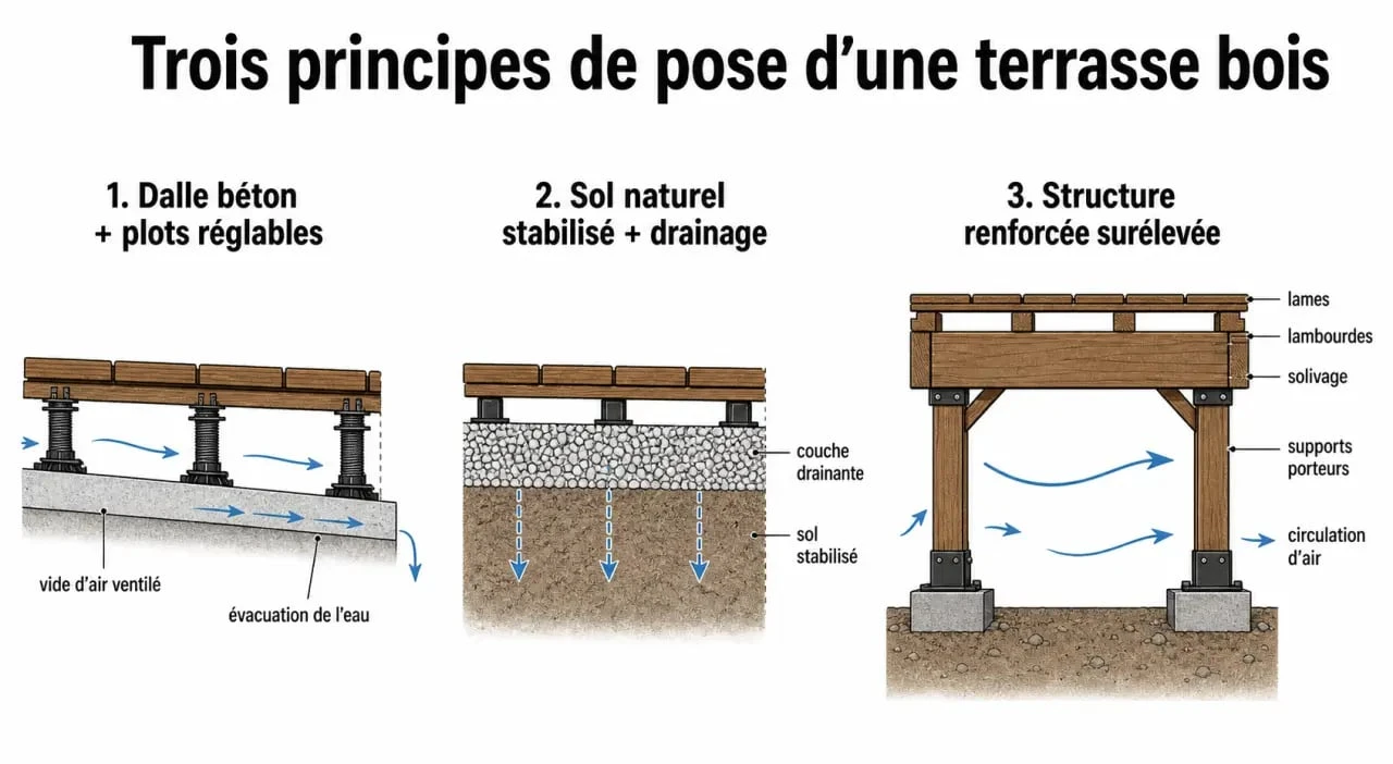 Terasse en bois : comparaison visuelle des supports, de la hauteur et de la ventilation